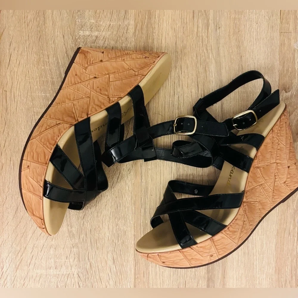 Athena Alexander Black and Tan Wedge Sandals